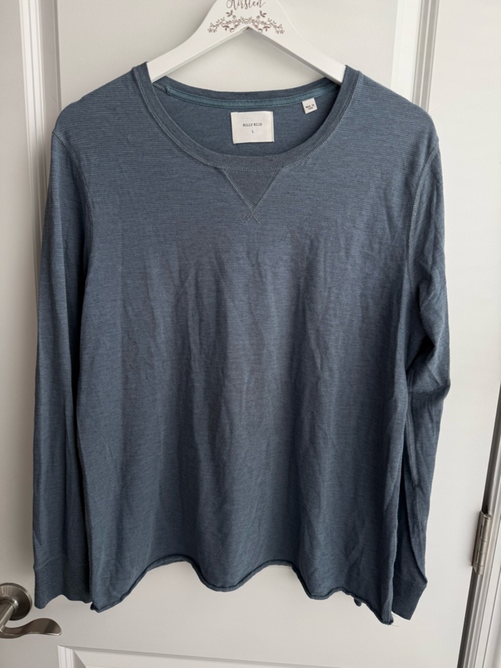 Billy Reid Long Sleeve Crewneck Navy Tee Casual Lightweight Soft Stripe Large